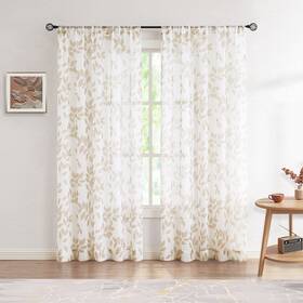 Lfs2p-84tp No Linen Texture Leaf Botanical Rod Pocket Sheer Curtain 50 Inch W X 84 L