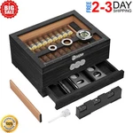 Cedar Wood Cigar Humidor Glass Desktop Box Digital Hygrometer Humidifier. Fixed Price $37.99.