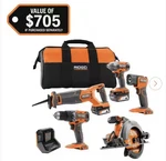 Ridgid 18V Cordless 5-TOOL Set Combo Kit With 2 Batteries, Charger, Bag. Fixed Price $400.00.