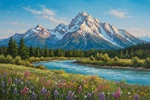 Mountains River Nature Painting Wall Printed On Canvas. Fixed Price $9.99.