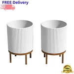 21.5" Mid Century Planter With Wood Stand Indoor Outdoor Stone Composite Pack. Fixed Price $157.99.