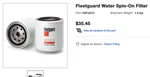 Fleetguard Water Spin-on Filter WF2073. Fixed Price $19.95.